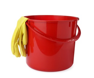 Photo of Red bucket with gloves for cleaning isolated on white