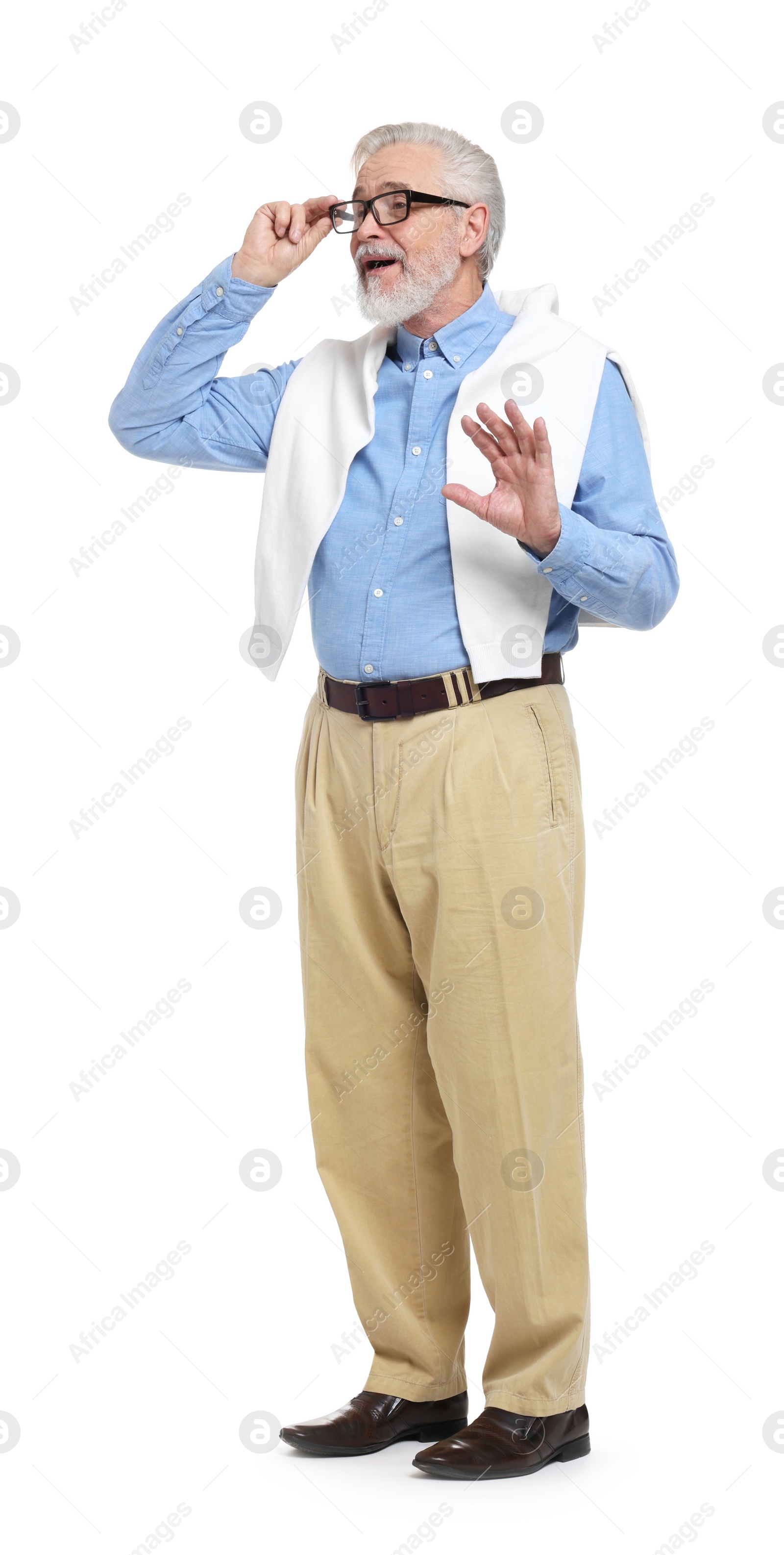 Photo of Senior man waving hand on white background