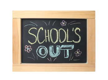 Photo of Chalkboard with text School's Out and drawings isolated on white. Summer holidays