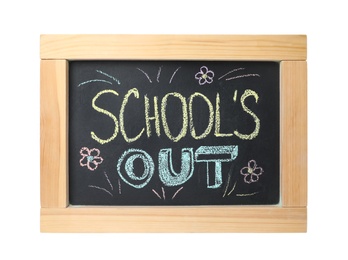 Chalkboard with text School's Out and drawings isolated on white. Summer holidays