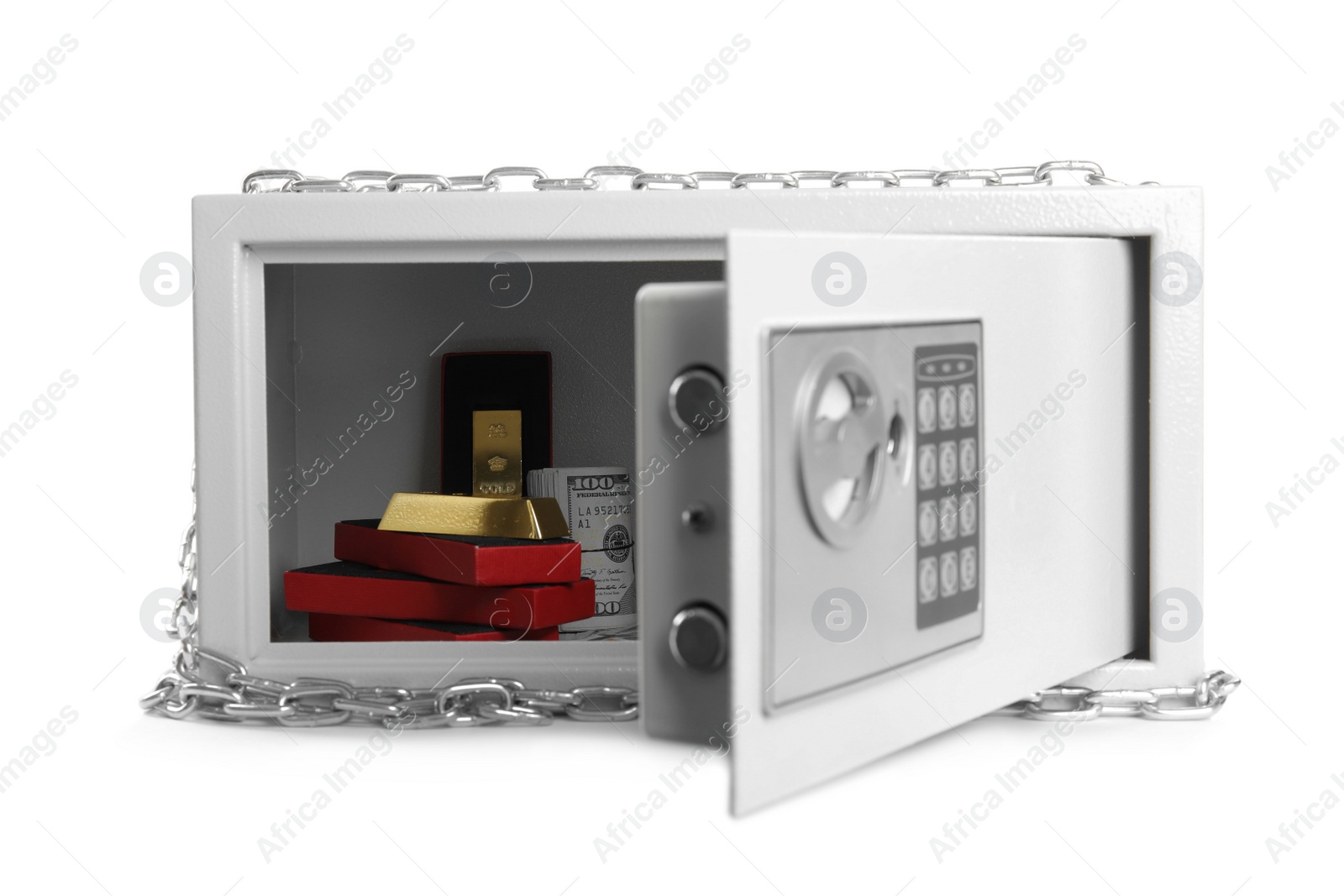 Photo of Open steel safe with money and gold bars isolated on white