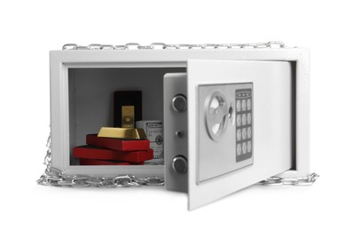 Photo of Open steel safe with money and gold bars isolated on white