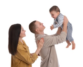Happy parents with cute child on white background