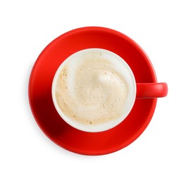 Red cup with aromatic cappuccino isolated on white, top view