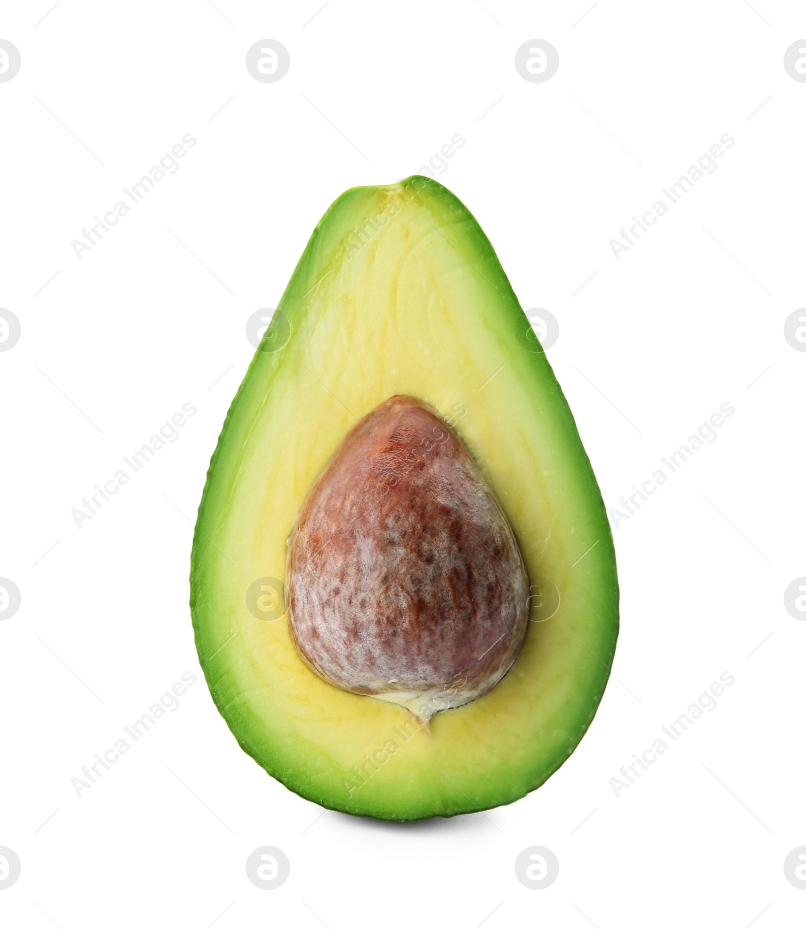 Photo of Half of ripe avocado with pit on white background