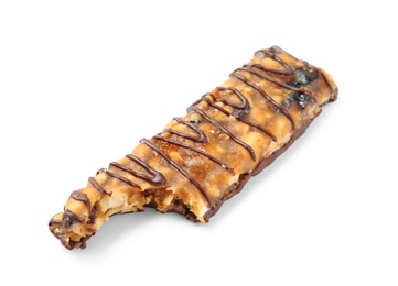 Photo of Grain cereal bar with chocolate on white background. Healthy snack