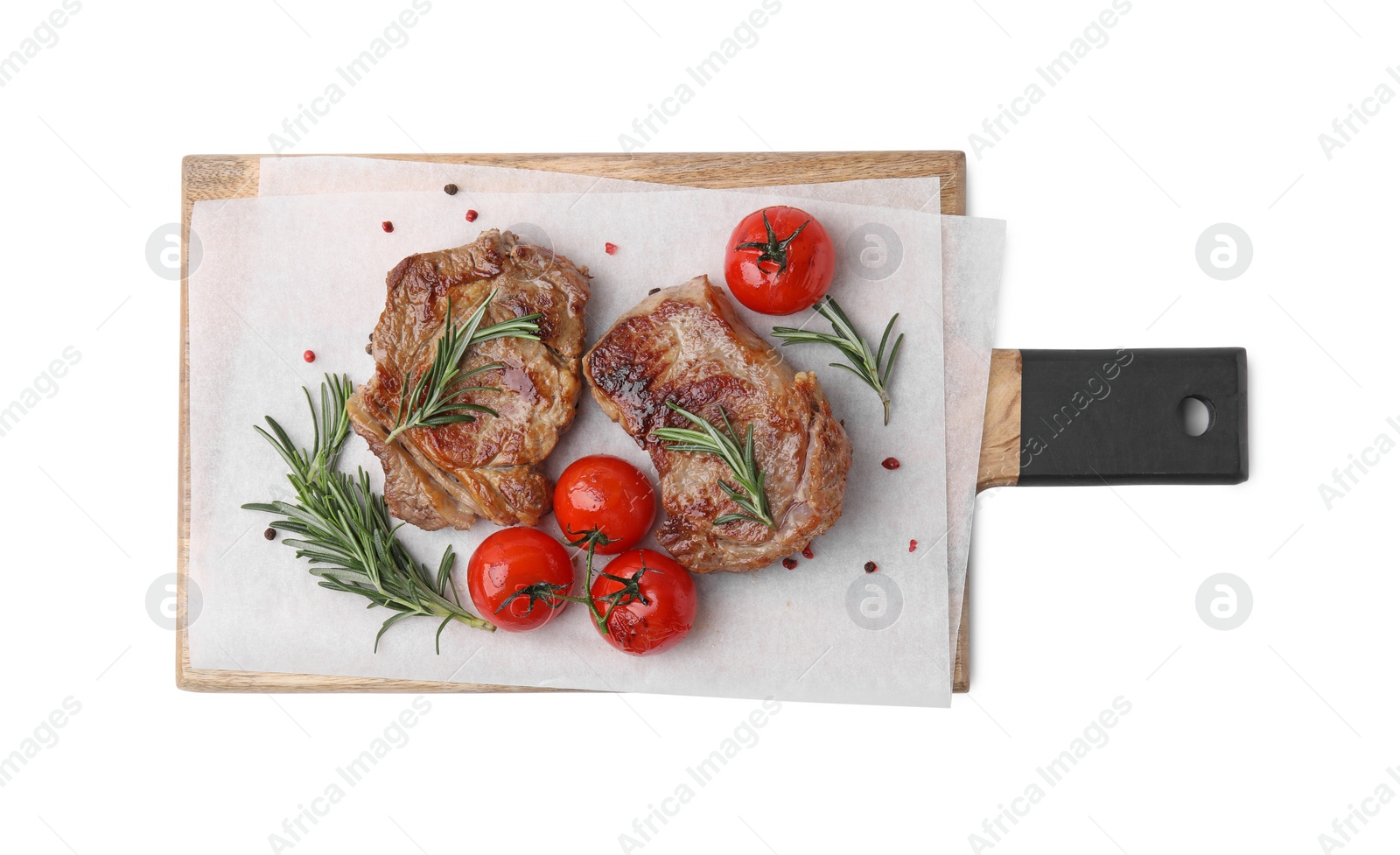 Photo of Delicious fried meat with rosemary, tomatoes and spices isolated on white, top view