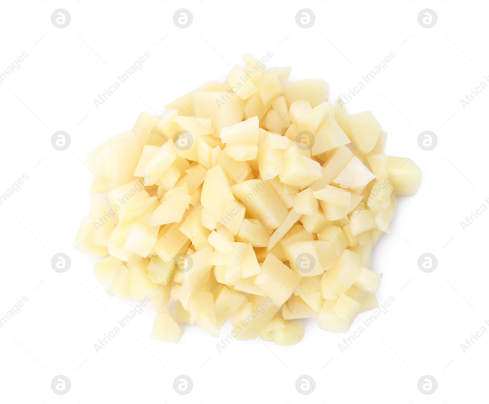 Photo of Pile of fresh chopped garlic isolated on white, top view. Organic food