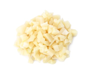 Pile of fresh chopped garlic isolated on white, top view. Organic food