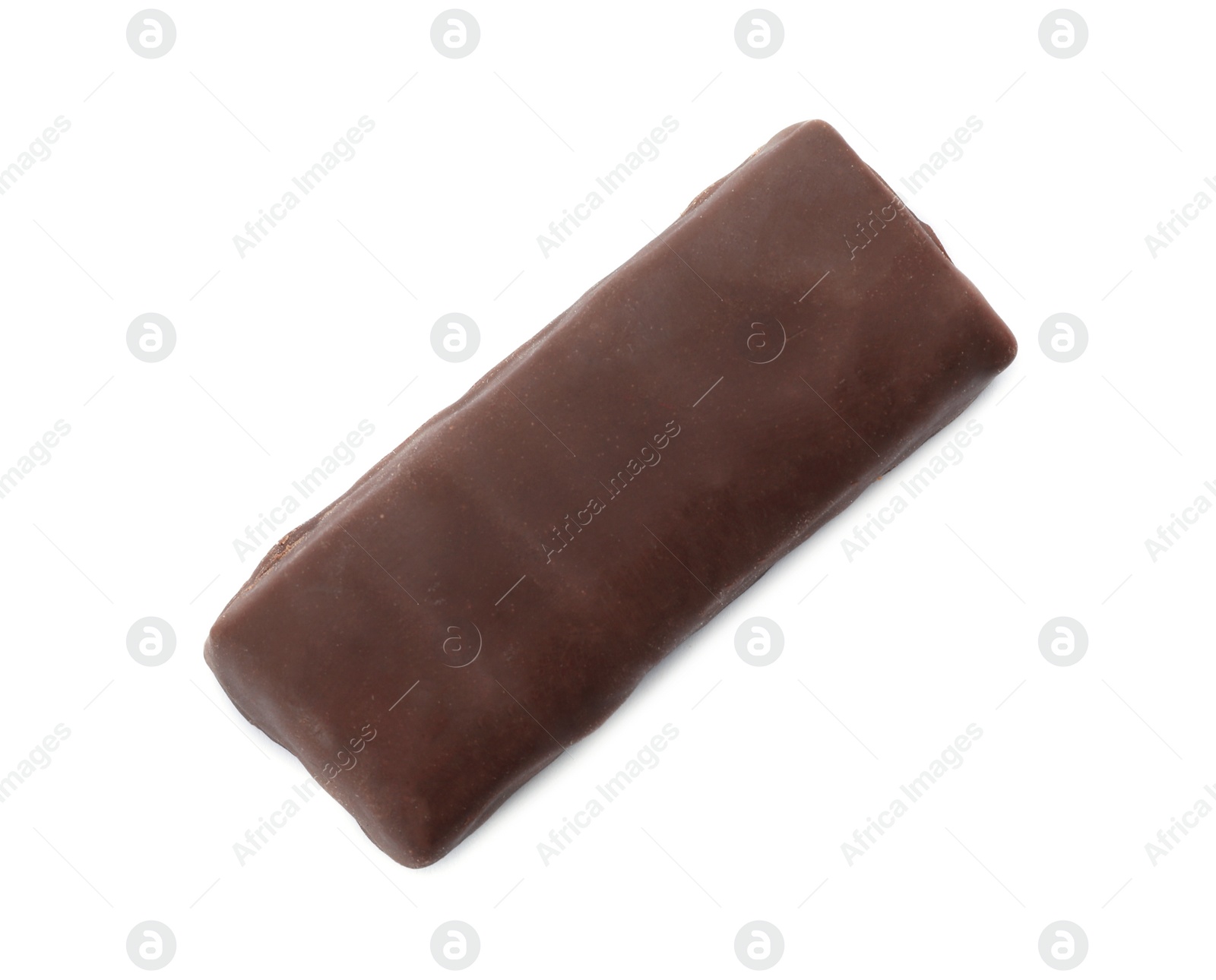 Photo of Tasty glazed protein bar on white background, top view