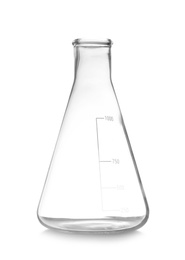 Photo of Empty conical flask isolated on white. Chemistry laboratory glassware