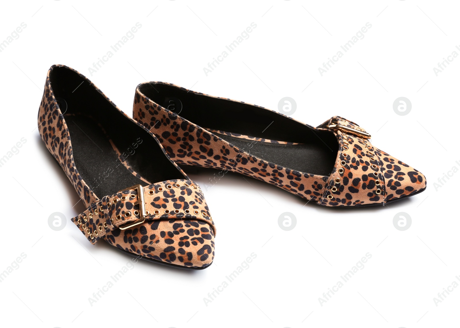 Photo of Stylish female shoes on white background. Trendy footwear