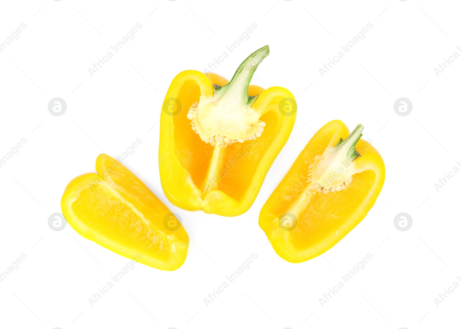 Photo of Cut yellow bell pepper isolated on white, top view