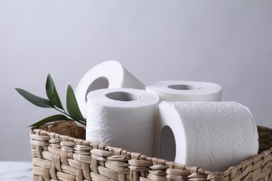 Photo of Toilet paper rolls and green leaves in wicker basket against light grey wall