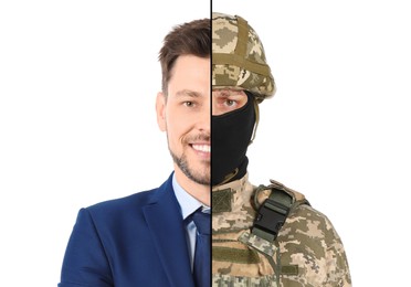 Man as military and businessman isolated on white, collage dividing portrait