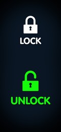 Illustration of Blocking function. Closed and open padlocks illustration with words on black background