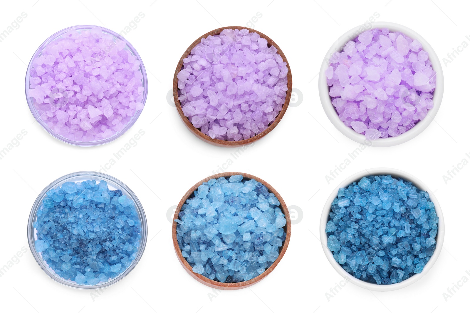 Image of Sea salt in bowls isolated on white, top view