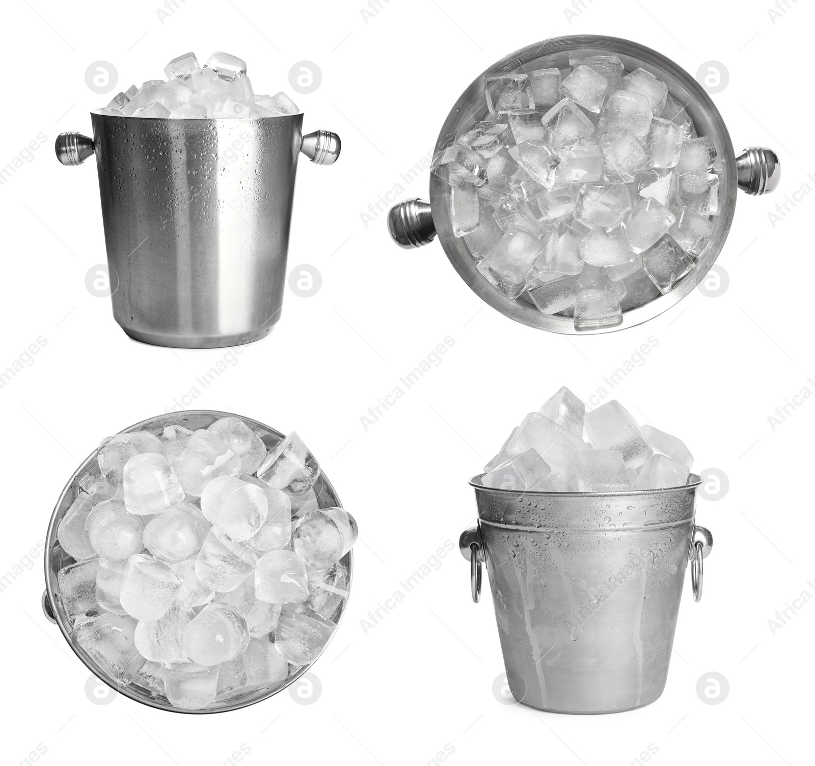 Image of Set of different metal buckets with ice cubes on white background