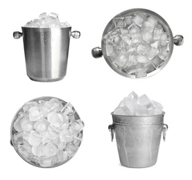 Image of Set of different metal buckets with ice cubes on white background