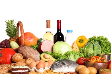 Photo of Different products on white background. Healthy food and balanced diet