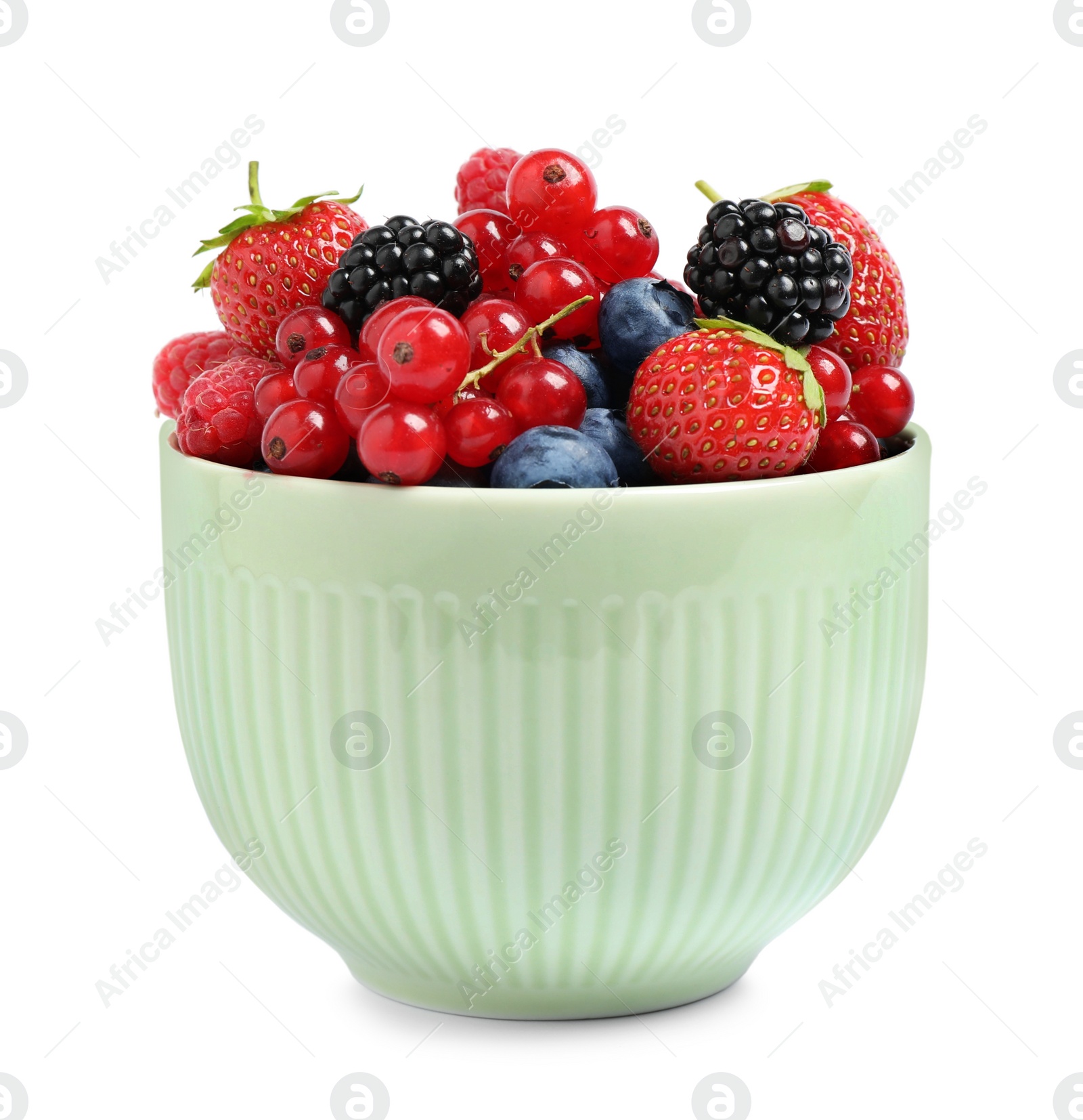 Photo of Mix of berries in bowl isolated on white