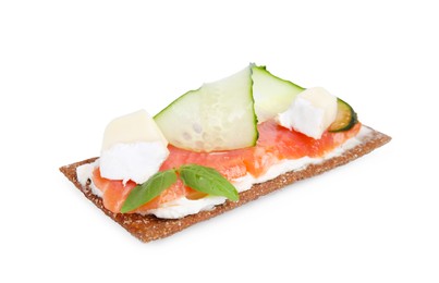 Photo of Tasty rye crispbread with salmon, cream cheese and cucumber isolated on white