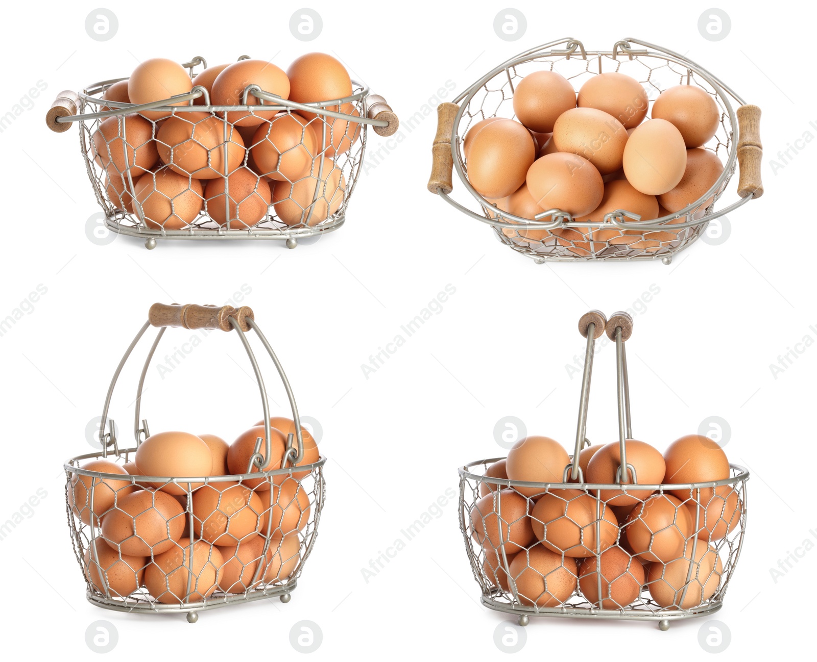 Image of Eggs in metal basket isolated on white, different angles