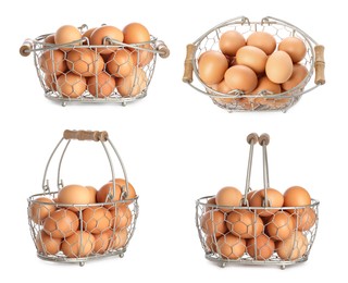 Image of Eggs in metal basket isolated on white, different angles