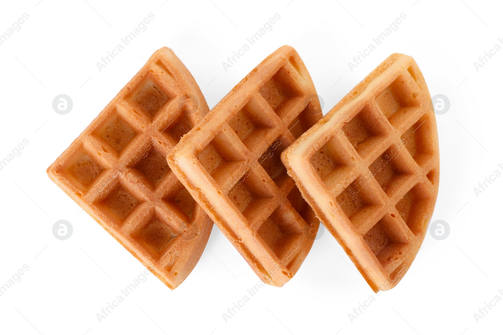 Photo of Many tasty Belgian waffles isolated on white, top view