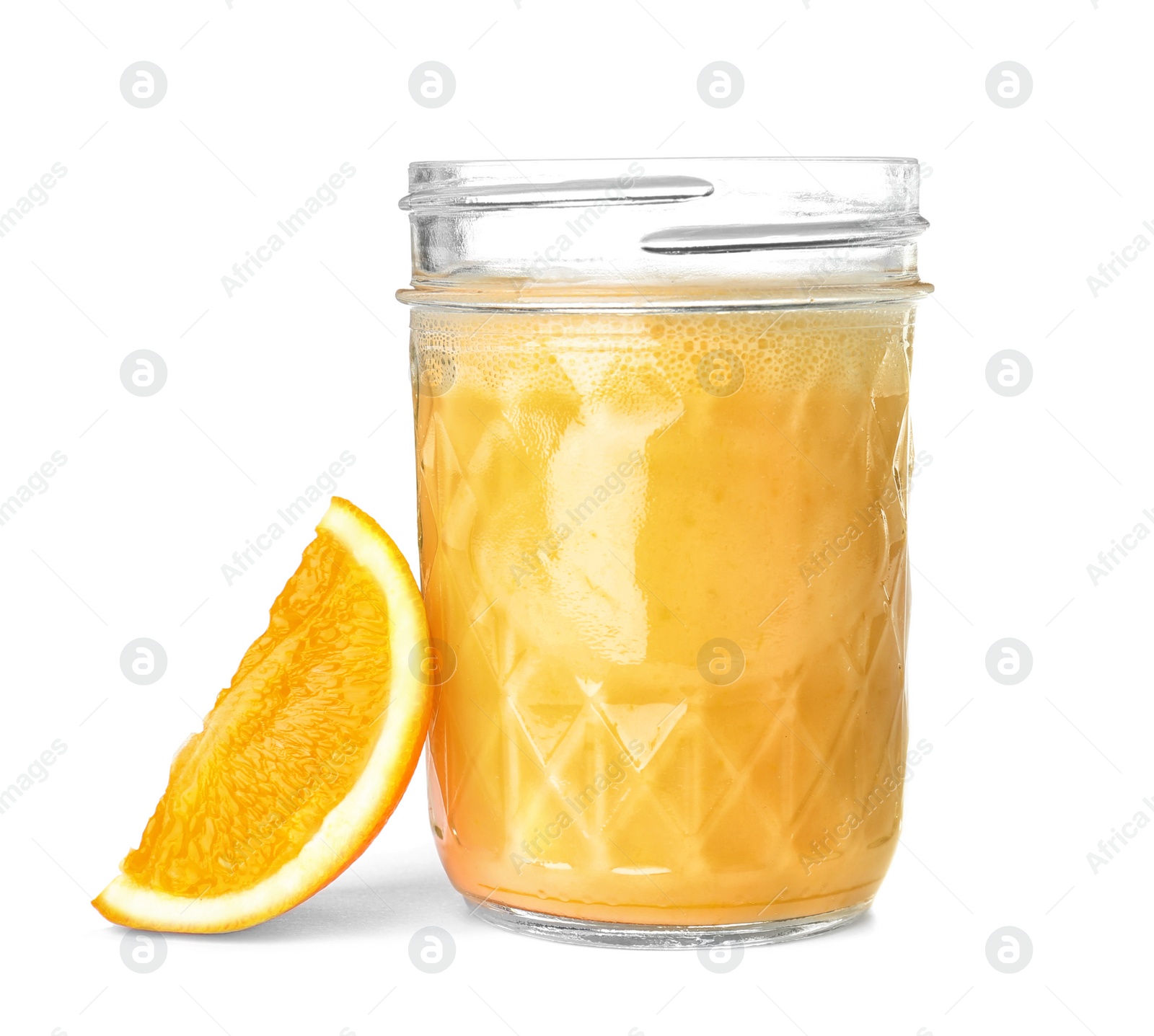 Photo of Jar with healthy detox smoothie and slice of orange on white background