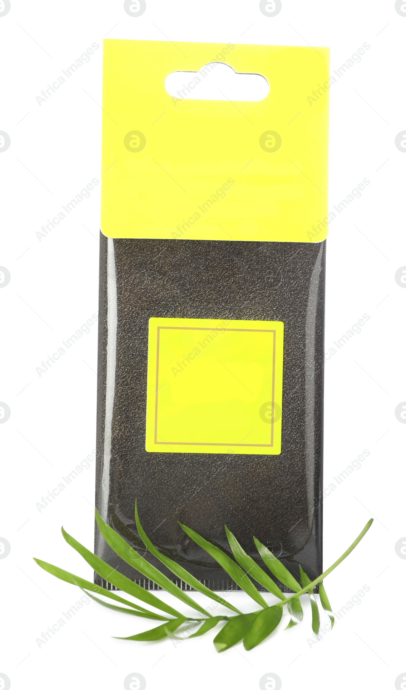 Photo of Scented sachet and green leaf on white background