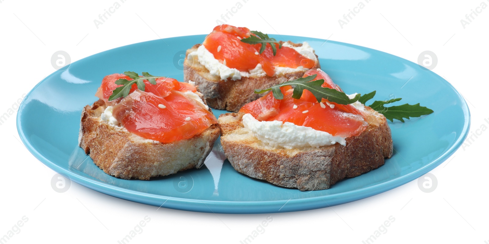 Photo of Delicious sandwiches with cream cheese, salmon and arugula on white background