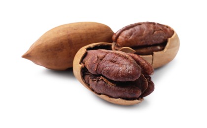 Photo of Three tasty pecan nuts isolated on white