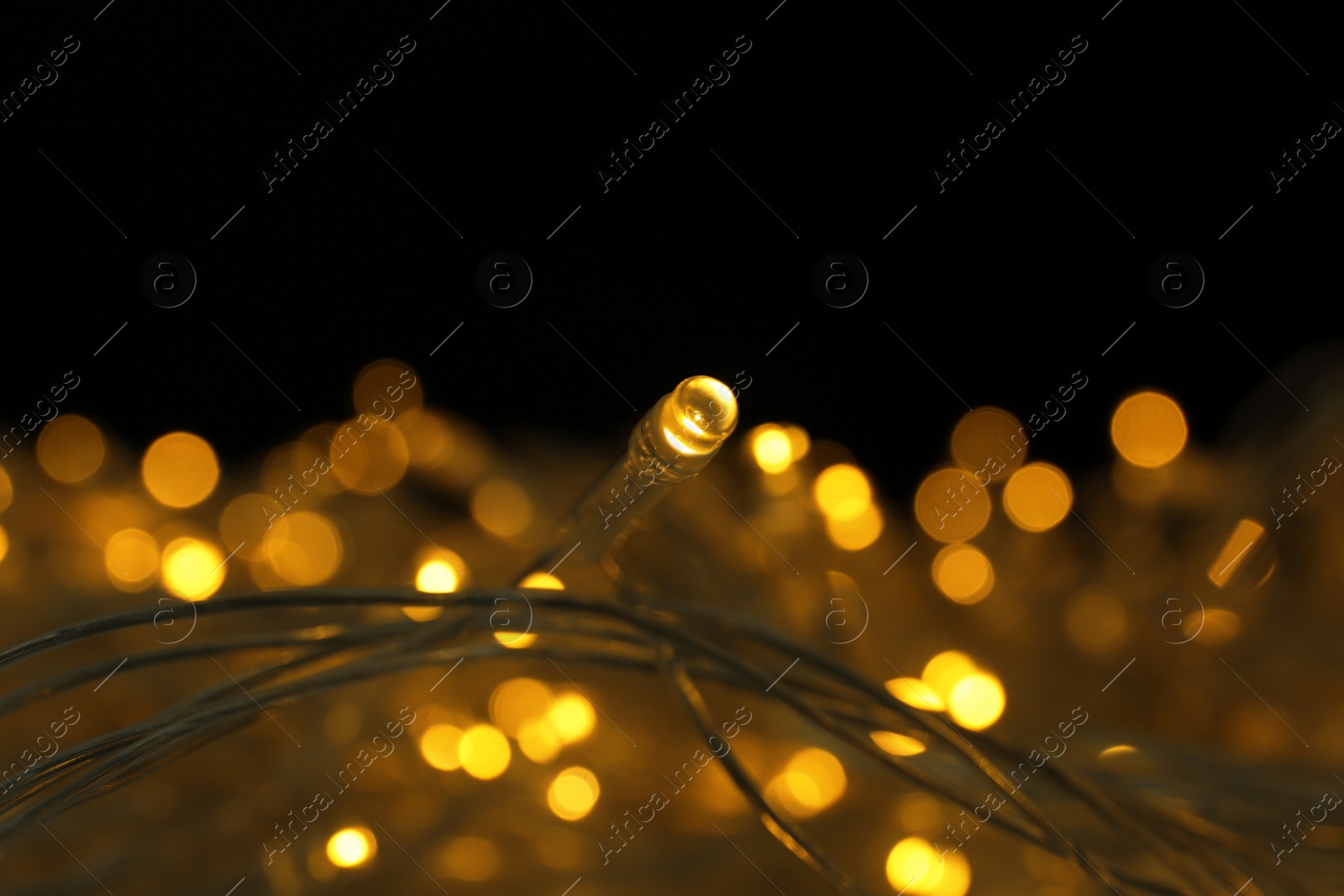 Photo of Glowing Christmas lights on dark background, closeup