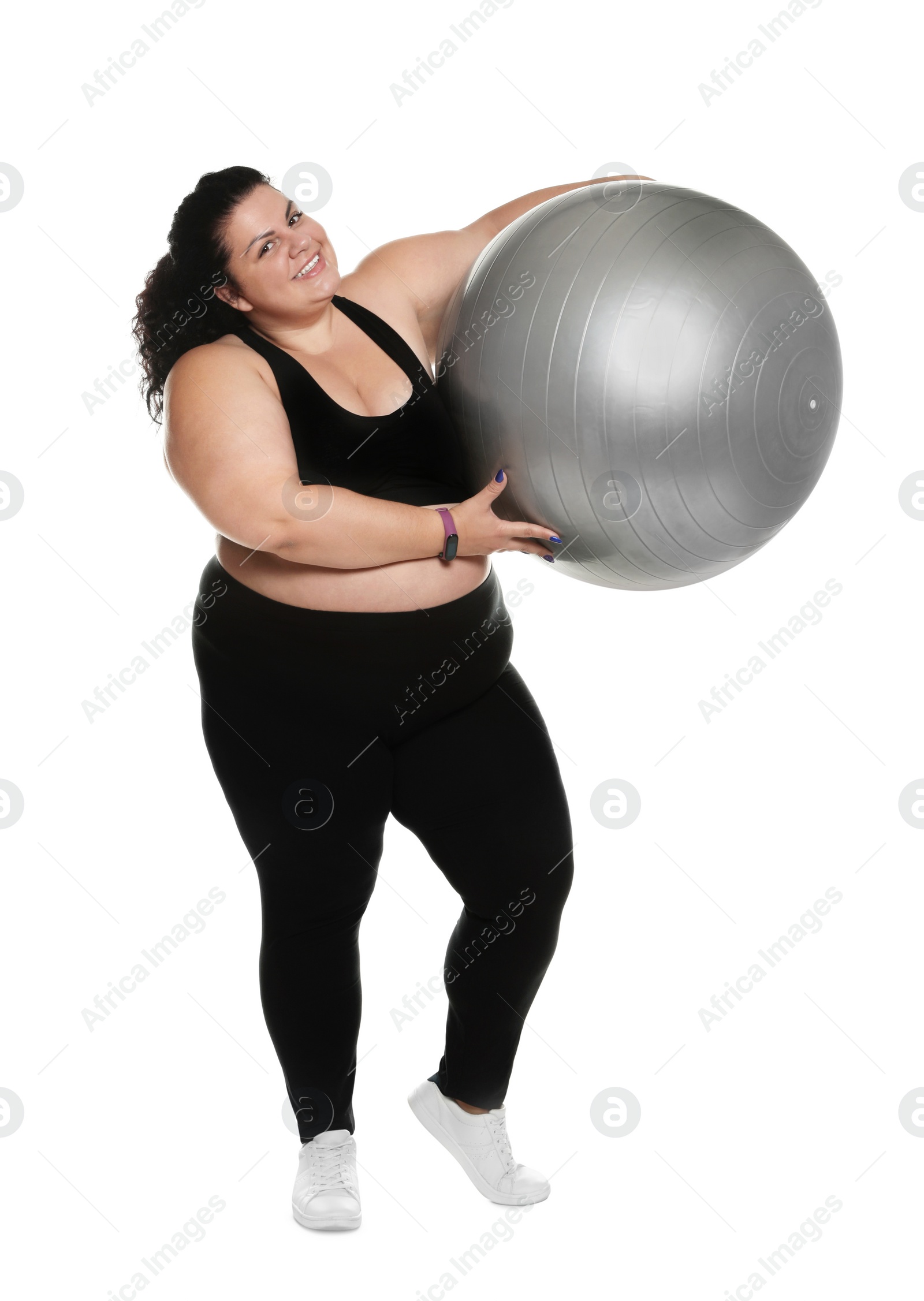 Photo of Overweight woman with fit ball on white background