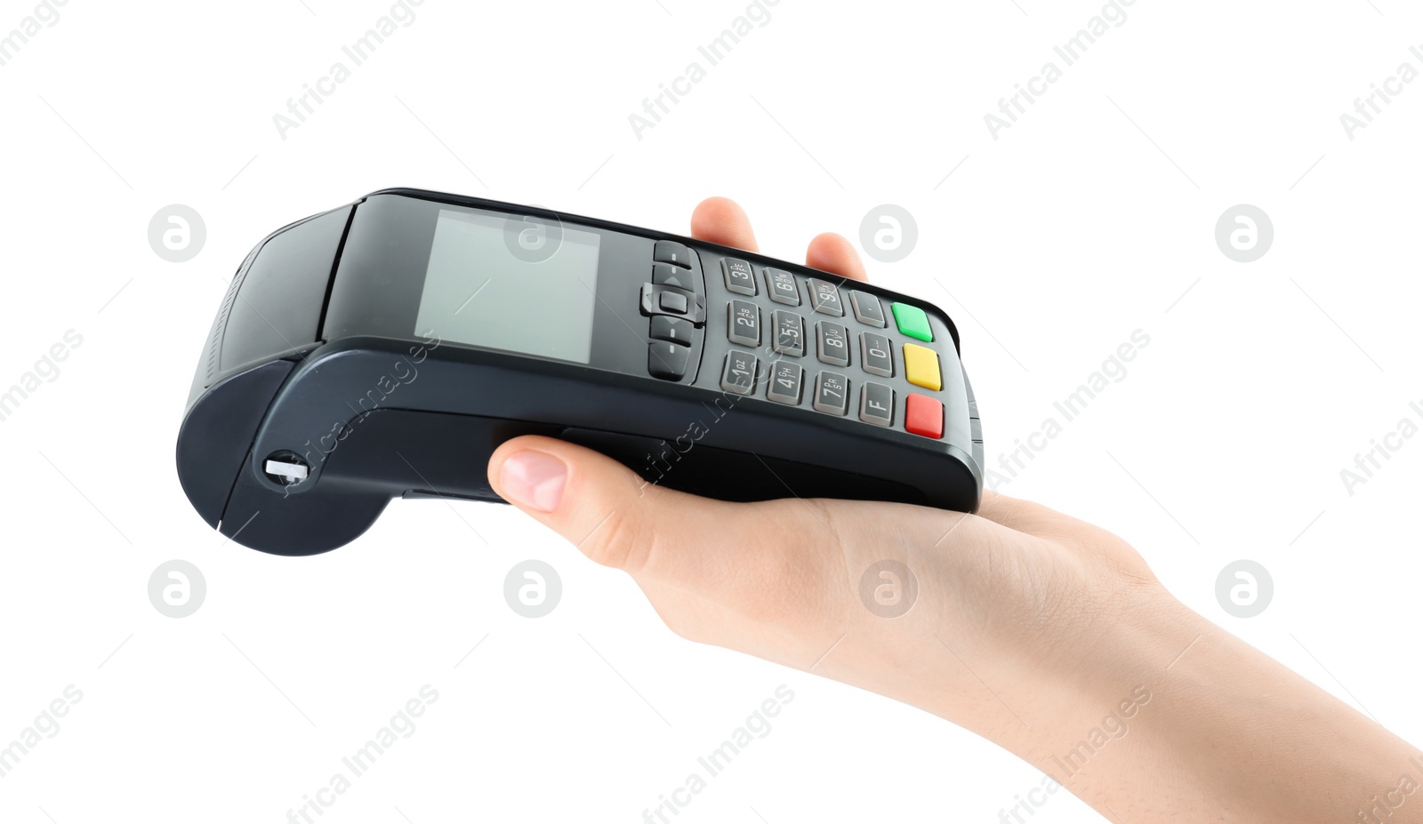 Photo of Woman holding modern payment terminal on white background, closeup