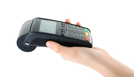 Woman holding modern payment terminal on white background, closeup