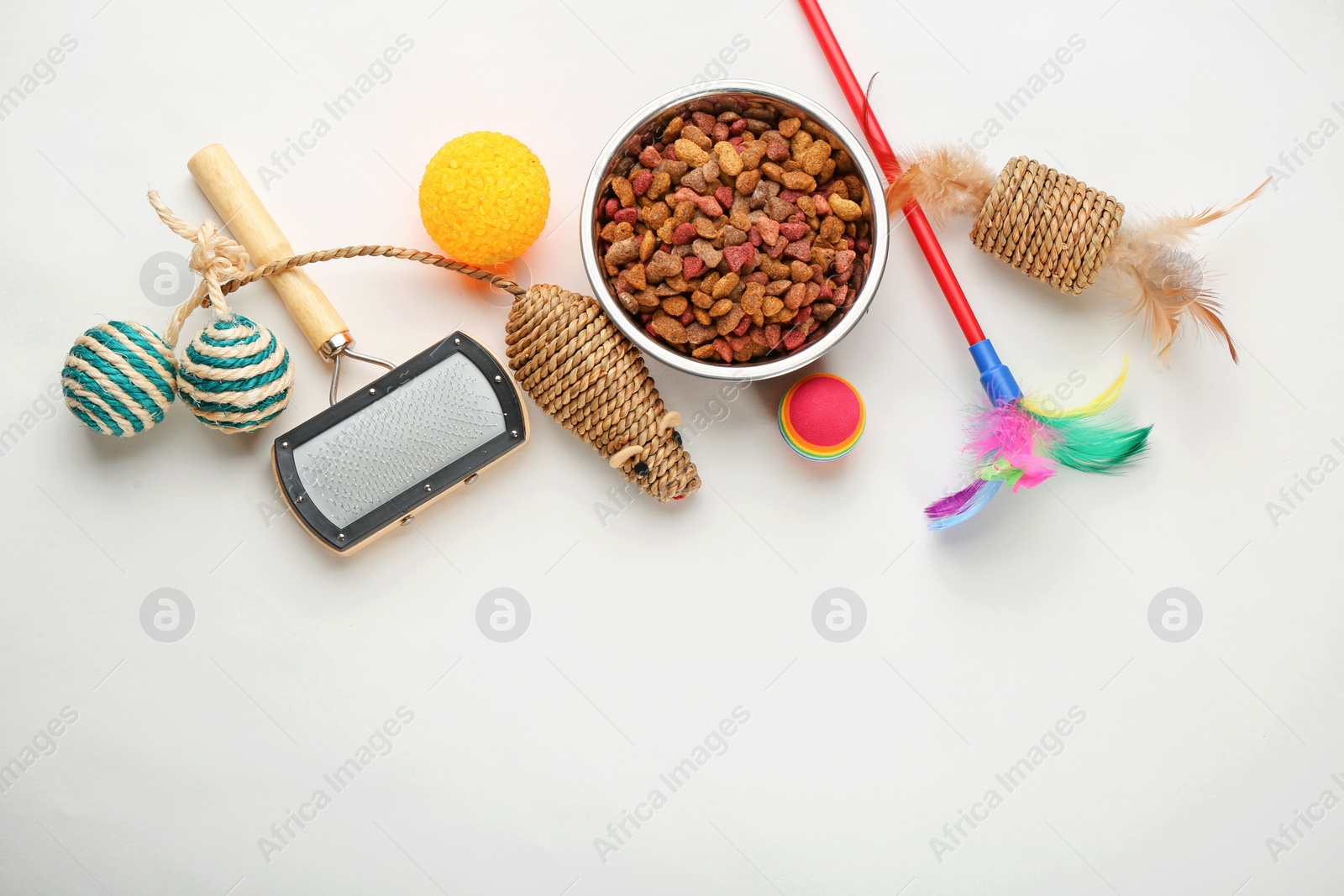 Photo of Cat's accessories and food on white background