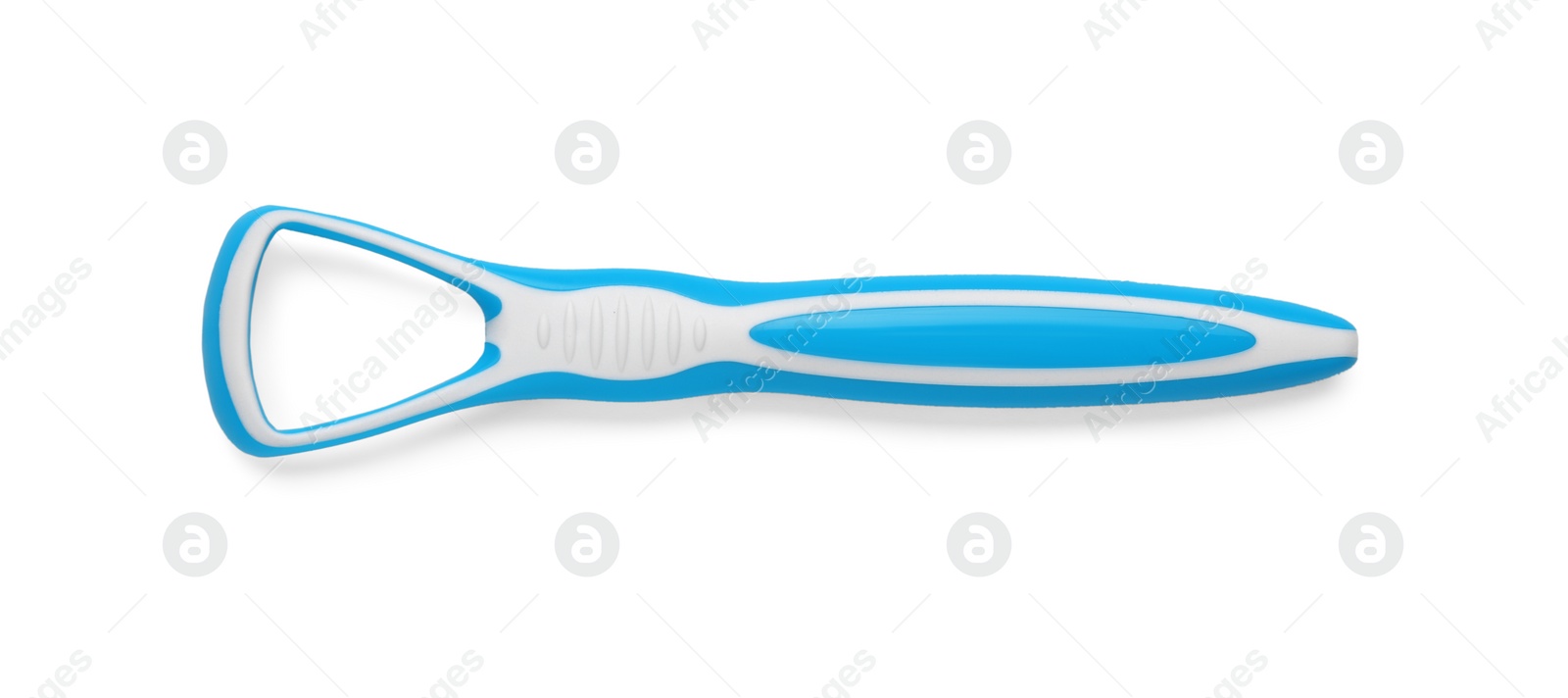 Photo of One light blue tongue cleaner isolated on white, top view. Dental care