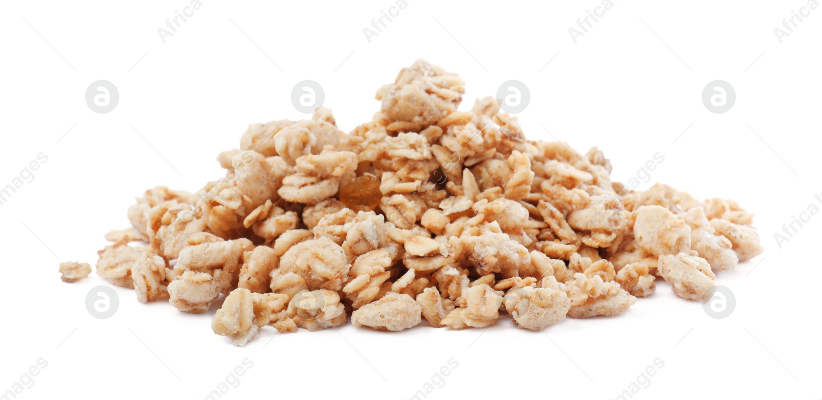 Photo of Pile of granola on white background. Healthy snack