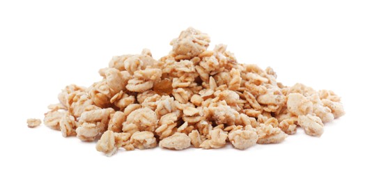 Photo of Pile of granola on white background. Healthy snack