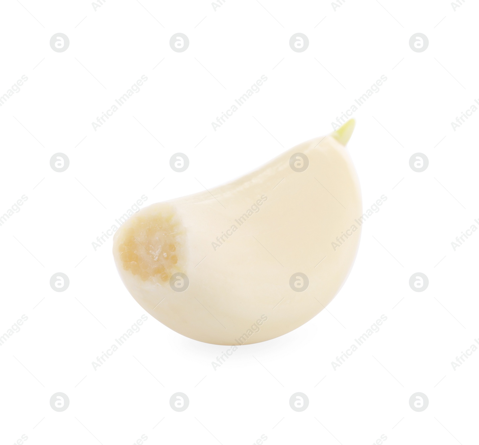 Photo of One peeled clove of garlic isolated on white