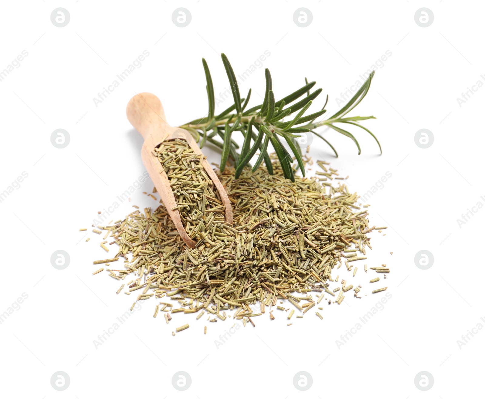 Photo of Scoop with fresh and dry rosemary isolated on white