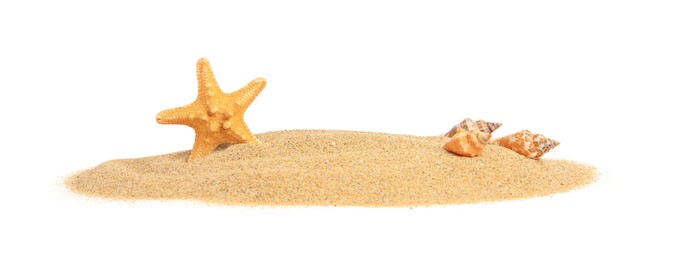 Beautiful sea star, shells and sand isolated on white