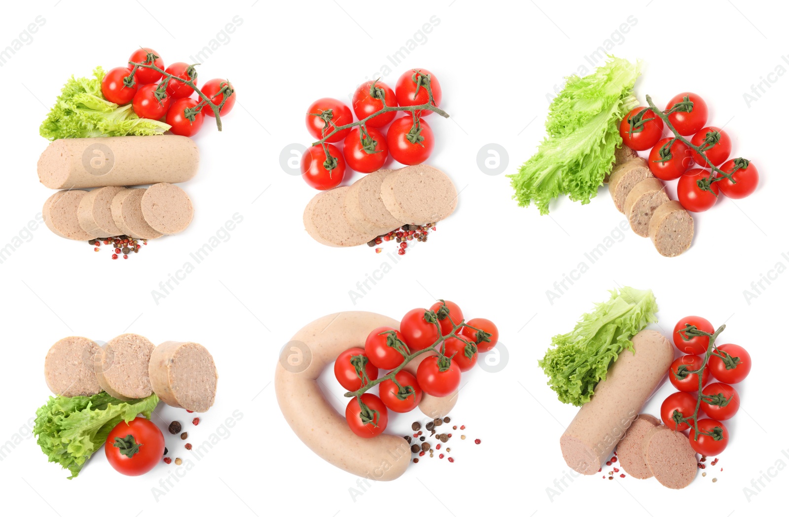 Image of Set with tasty liver sausages, tomatoes, lettuce and peppercorns on white background, top view