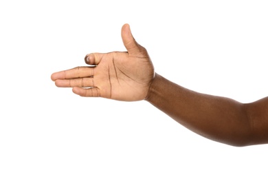 African-American man gesturing dog head on white background, closeup