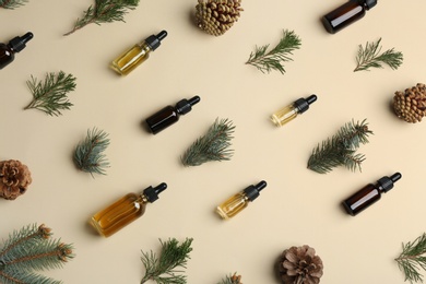 Little bottles with essential oils among pine branches and cones on color background, flat lay