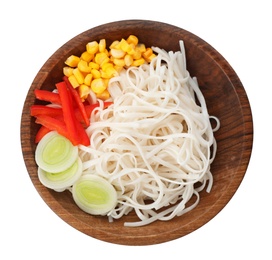 Photo of Plate with rice noodles and vegetables on white background, top view