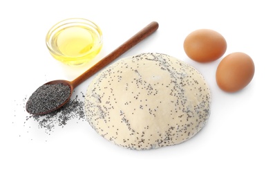 Raw dough with poppy seeds and ingredients on white background