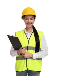 Engineer in hard hat holding clipboard on white background